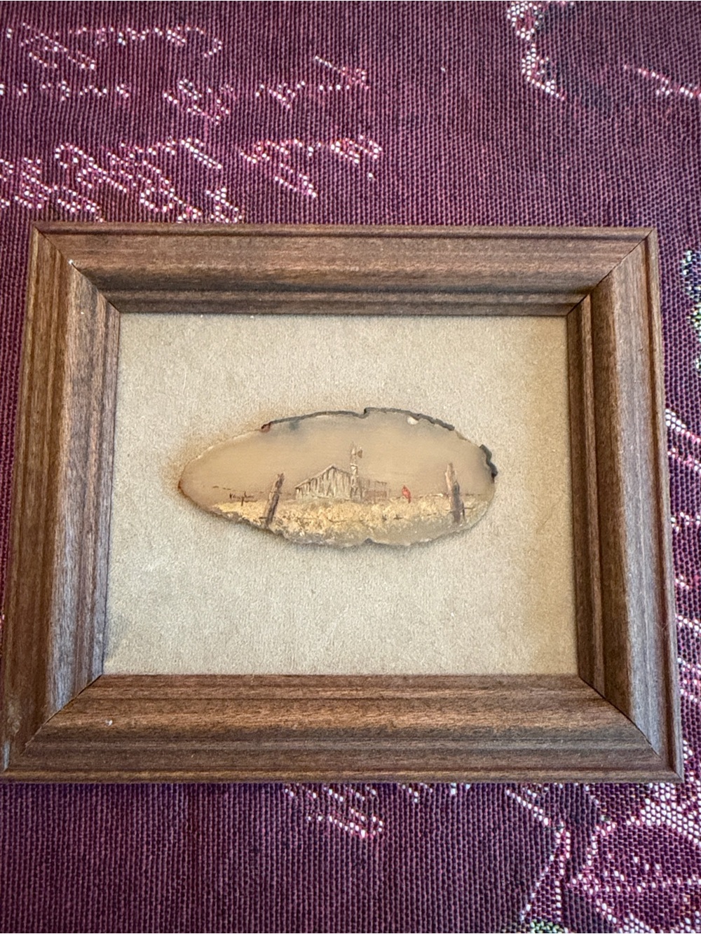 Handpainted Signed Framed Miniature Rustic Landscape Painting on Agate Gemstone